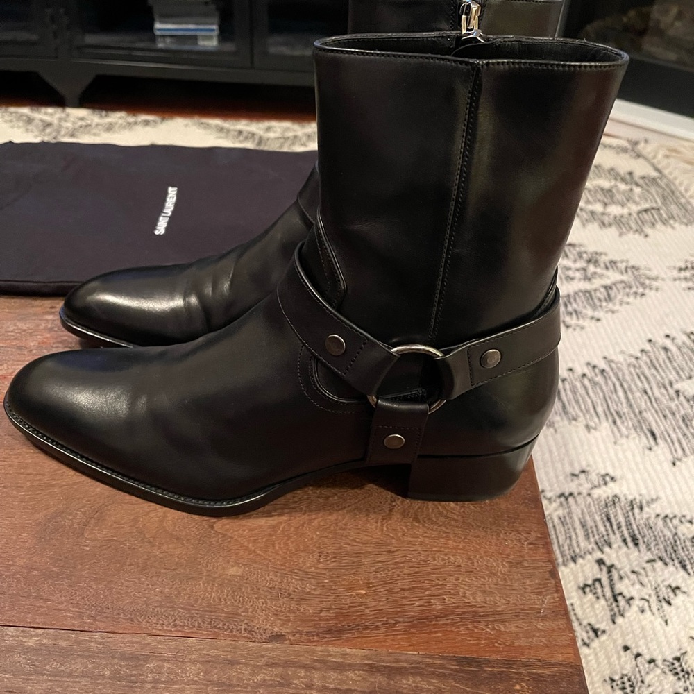 Saint Laurent YSL Mens Wyatt Harness Boots in Black Leather Size 45